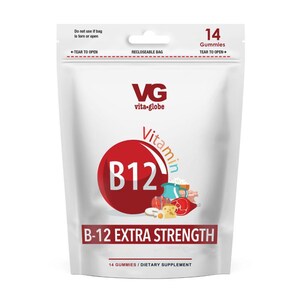 May include: A white recloseable pouch of Vita-Globe B-12 Extra Strength dietary supplement containing 14 gummies. The packaging features a large red circle with the text B-12, illustrations of various food items, and clear tear-to-open instructions.