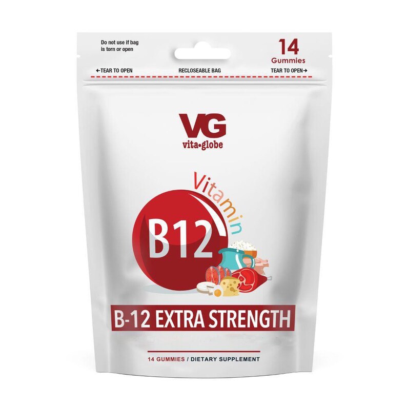 May include: A white recloseable pouch of Vita-Globe B-12 Extra Strength dietary supplement containing 14 gummies. The packaging features a large red circle with the text B-12, illustrations of various food items, and clear tear-to-open instructions.
