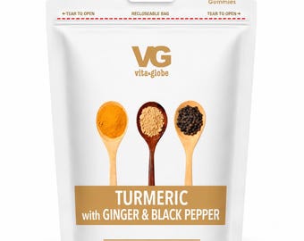 Turmeric Ginger Black Pepper Gummies, Vegan Travel Pouches (10–25)