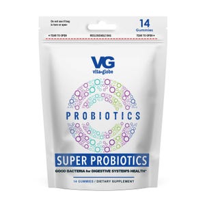 May include: A white recloseable pouch of Vita Globe Super Probiotics containing 14 gummies. The packaging features a circular design of purple, blue, and green rings, with the text PROBIOTICS, SUPER PROBIOTICS, and GOOD BACTERIA for DIGESTIVE SYSTEM'S HEALTH.