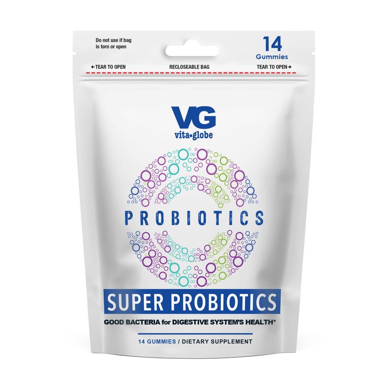 May include: A white recloseable pouch of Vita Globe Super Probiotics containing 14 gummies. The packaging features a circular design of purple, blue, and green rings, with the text PROBIOTICS, SUPER PROBIOTICS, and GOOD BACTERIA for DIGESTIVE SYSTEM'S HEALTH.