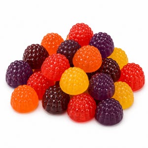 May include: A pile of small, dome-shaped gummy candies shaped like raspberries. The candies are translucent and come in various vibrant colors including red, orange, yellow, dark purple, and black, each featuring a textured, bumpy surface.
