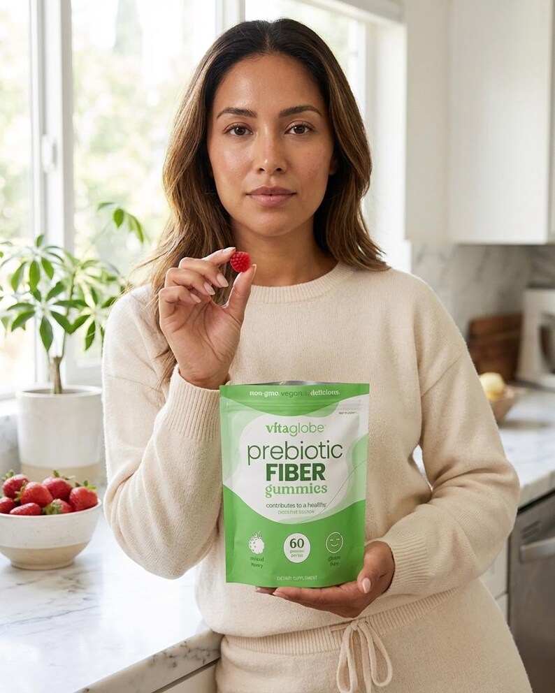 May include: A green and white pouch of Vitaglobe prebiotic fiber gummies. The packaging features the text 'vitaglobe', 'prebiotic FIBER gummies', 'contributes to a healthy digestive tract', 'non gmo vegan delicious', and '60 gummies'.