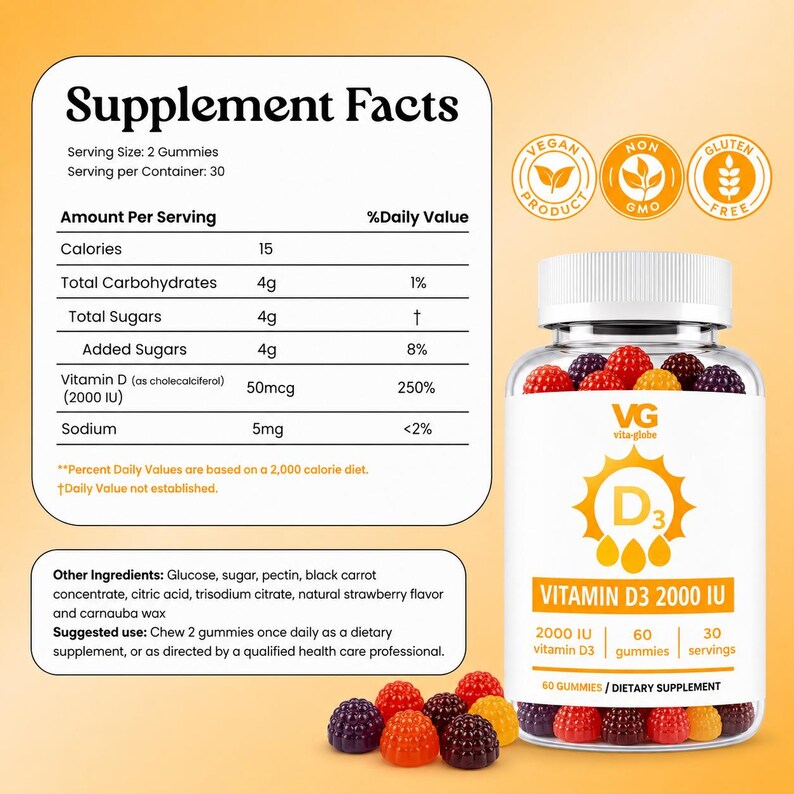 May include: A clear plastic bottle of Vitamin D3 2000 IU gummies with a white cap and label. The label features the text Vita-Globe, Vitamin D3 2000 IU, 60 gummies, and 30 servings. A Supplement Facts table lists 15 calories and 50mcg of Vitamin D.