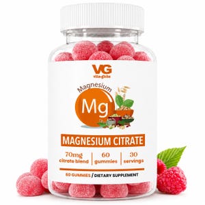 May include: A clear plastic bottle filled with red, sugar-coated magnesium citrate gummies. The label features the text VG vita-globe, Magnesium Mg, 70mg citrate blend, 60 gummies, 30 servings, and 60 GUMMIES / DIETARY SUPPLEMENT with fruit graphics.