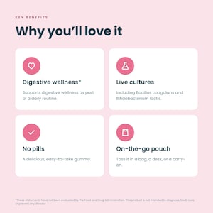 May include: A light pink informational graphic titled Key Benefits Why you'll love it. It features four white boxes with pink circular icons. The text lists Digestive wellness, Live cultures including Bacillus coagulans and Bifidobacterium lactis, No pills, and On-the-go pouch.