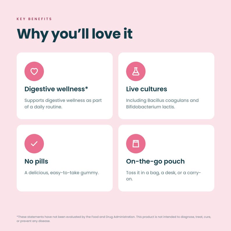 May include: A light pink informational graphic titled Key Benefits Why you'll love it. It features four white boxes with pink circular icons. The text lists Digestive wellness, Live cultures including Bacillus coagulans and Bifidobacterium lactis, No pills, and On-the-go pouch.