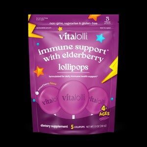May include: A purple reclosable pouch of Vitalolli immune support lollipops with elderberry. The packaging features yellow lightning bolts, blue and orange stars, and text stating 5 lollipops, mixed berry flavor, 4+ ages, and net wt. 1.1 oz.