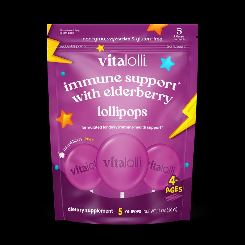 May include: A purple reclosable pouch of Vitalolli immune support lollipops with elderberry. The packaging features yellow lightning bolts, blue and orange stars, and text stating 5 lollipops, mixed berry flavor, 4+ ages, and net wt. 1.1 oz.