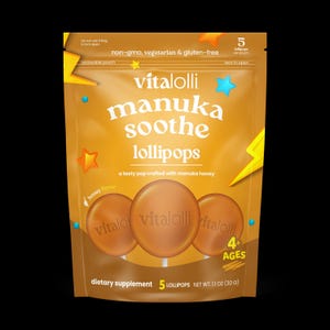 May include: A gold-colored resealable pouch of Vitalolli manuka soothe lollipops. The packaging features text including "manuka soothe lollipops," "a tasty pop crafted with manuka honey," "dietary supplement," and "net wt. 1.1 oz (30 g)." It shows three round lollipops.