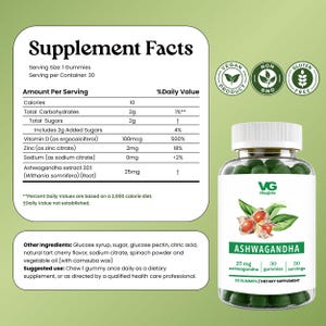May include: A clear plastic bottle containing dark green gummies with a white label reading VG Vita-Globe Ashwagandha, 25 mg, 30 gummies, 30 servings. The label features an illustration of ashwagandha roots and leaves, plus a Supplement Facts table.