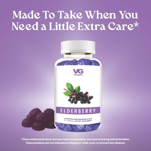 May include: A clear plastic bottle filled with dark purple elderberry gummies, topped with a white cap. The label features the text VG vita-globe, ELDERBERRY, and 60 GUMMIES / DIETARY SUPPLEMENT, with an illustration of elderberries and leaves.