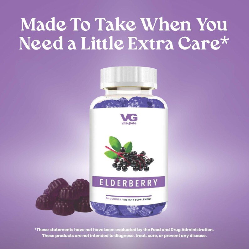 May include: A clear plastic bottle filled with dark purple elderberry gummies, topped with a white cap. The label features the text VG vita-globe, ELDERBERRY, and 60 GUMMIES / DIETARY SUPPLEMENT, with an illustration of elderberries and leaves.