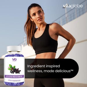 May include: A white plastic bottle of Vitaglobe elderberry dietary supplement gummies with a purple label featuring a graphic of elderberries and green leaves. The label text reads VG vitaglobe, ELDERBERRY, and 60 GUMMIES | DIETARY SUPPLEMENT.