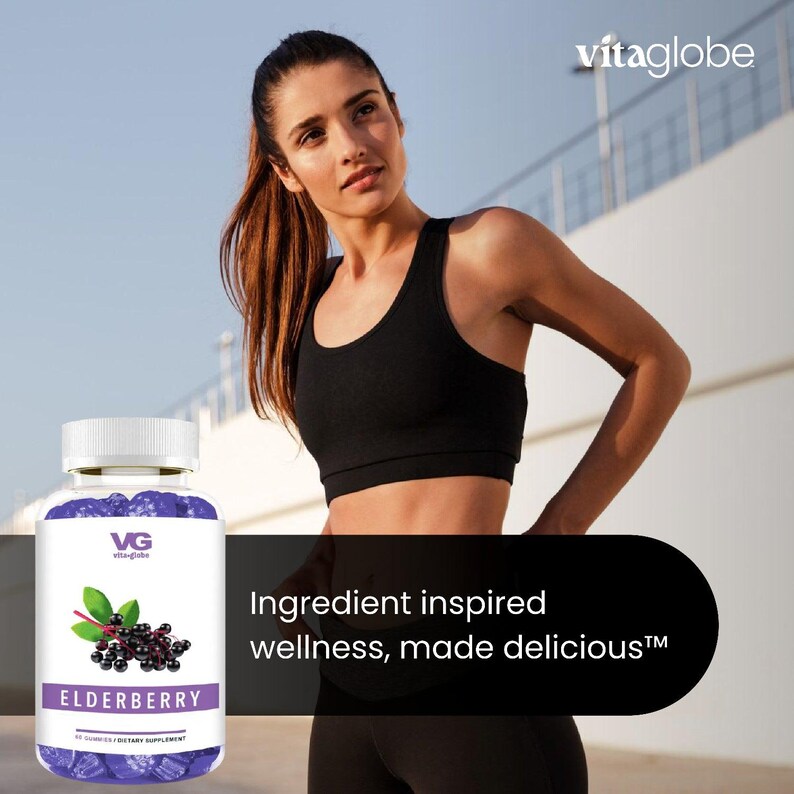 May include: A white plastic bottle of Vitaglobe elderberry dietary supplement gummies with a purple label featuring a graphic of elderberries and green leaves. The label text reads VG vitaglobe, ELDERBERRY, and 60 GUMMIES | DIETARY SUPPLEMENT.