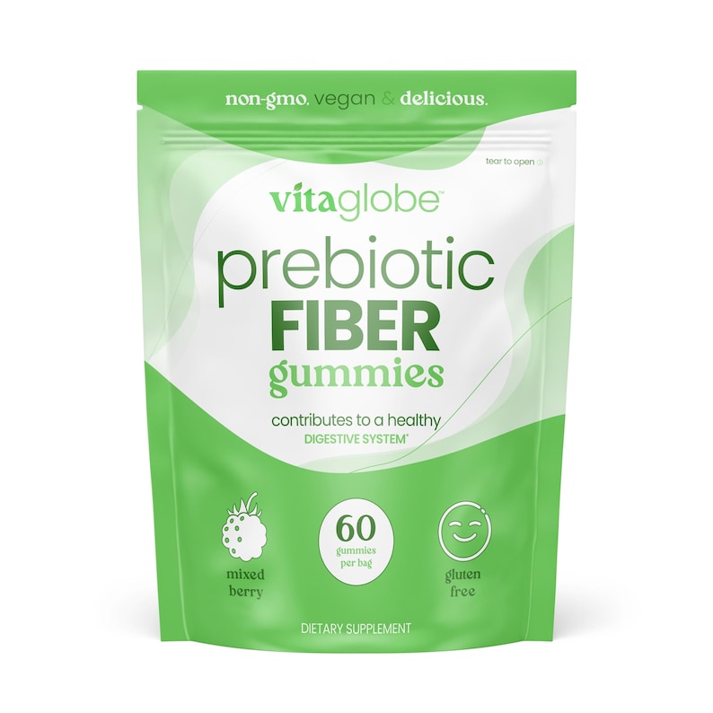 May include: A green and white pouch of Vitaglobe prebiotic fiber gummies. The text reads non-gmo, vegan & delicious, prebiotic fiber gummies, contributes to a healthy digestive system, 60 gummies per bag, mixed berry, gluten free, dietary supplement.