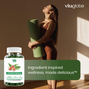 May include: A clear plastic bottle of green ashwagandha gummies with a white cap. The label features the text VG, Ashwagandha, 25 mg ashwagandha, 30 gummies, 30 servings, and 30 gummies dietary supplement. A green graphic box displays the text Ingredient inspired wellness, made delicious.
