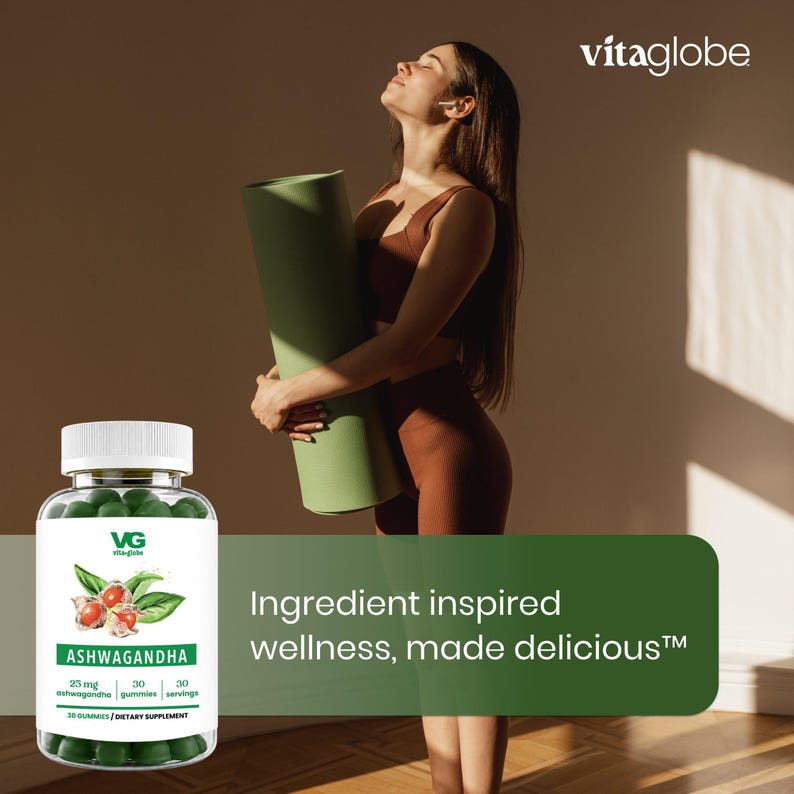 May include: A clear plastic bottle of green ashwagandha gummies with a white cap. The label features the text VG, Ashwagandha, 25 mg ashwagandha, 30 gummies, 30 servings, and 30 gummies dietary supplement. A green graphic box displays the text Ingredient inspired wellness, made delicious.