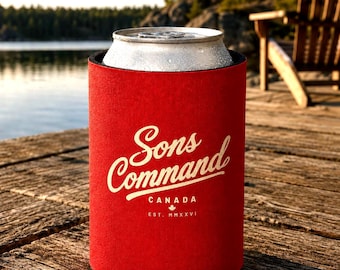 Canadian Can Cooler – Sons Command Script & Goose Emblem | Red Beer Can Cozy