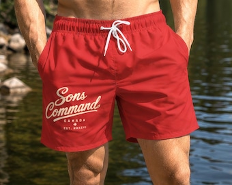 Sons Command Canadian Swim Trunks: Red Heritage Script Shorts XS–3XL