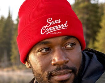 Sons Command Embroidered Beanie: Canadian Script Knit Hat, One Size