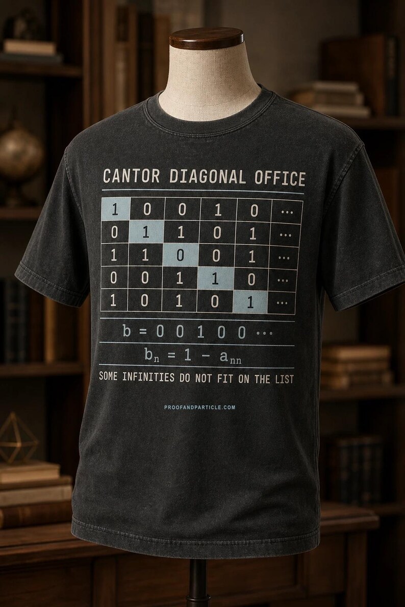 May include: A charcoal gray short-sleeve t-shirt featuring a graphic print of the Cantor diagonal argument. The design includes a binary matrix, the equation b = 0 0 1 0 0, the formula bn = 1 - ann, and the text SOME INFINITIES DO NOT FIT ON THE LIST.
