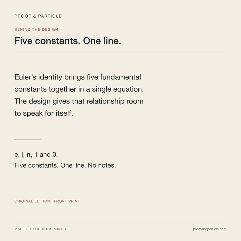 May include: A rectangular print on a light beige background featuring the text Proof & Particle, Behind the Design, Five constants. One line. It explains Euler's identity with the constants e, i, pi, 1, and 0, ending with Original Edition - Front Print.