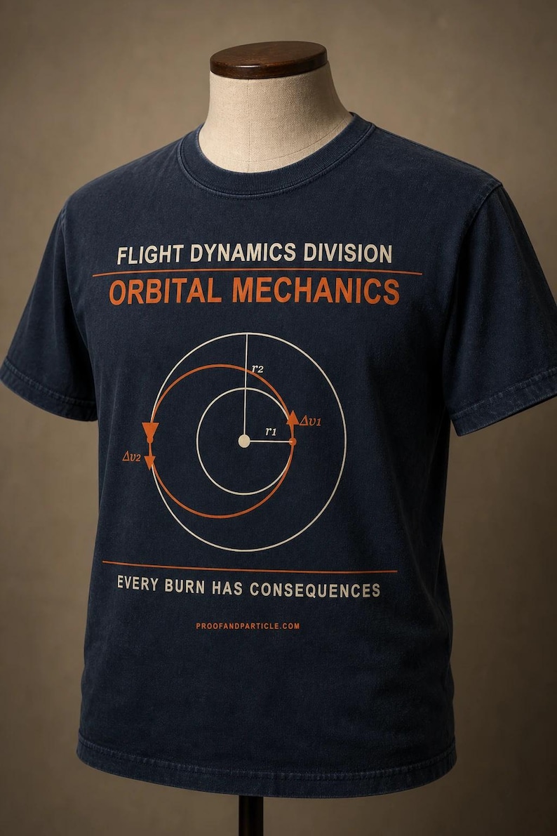 Pu&ograve; includere: Una t-shirt blu navy a maniche corte con una grafica di meccanica orbitale e il testo FLIGHT DYNAMICS DIVISION, ORBITAL MECHANICS, EVERY BURN HAS CONSEQUENCES e PROOFANDPARTICLE.COM stampato in inchiostro bianco e arancione sul davanti.