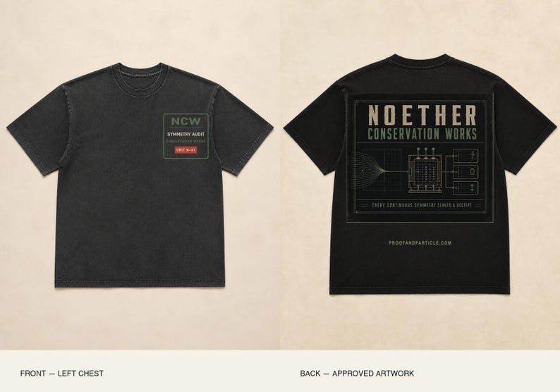 May include: A black short-sleeve t-shirt featuring a small rectangular graphic on the left chest with the text NCW SYMMETRY AUDIT. The back displays a large rectangular graphic with the text NOETHER CONSERVATION WORKS and a technical diagram.