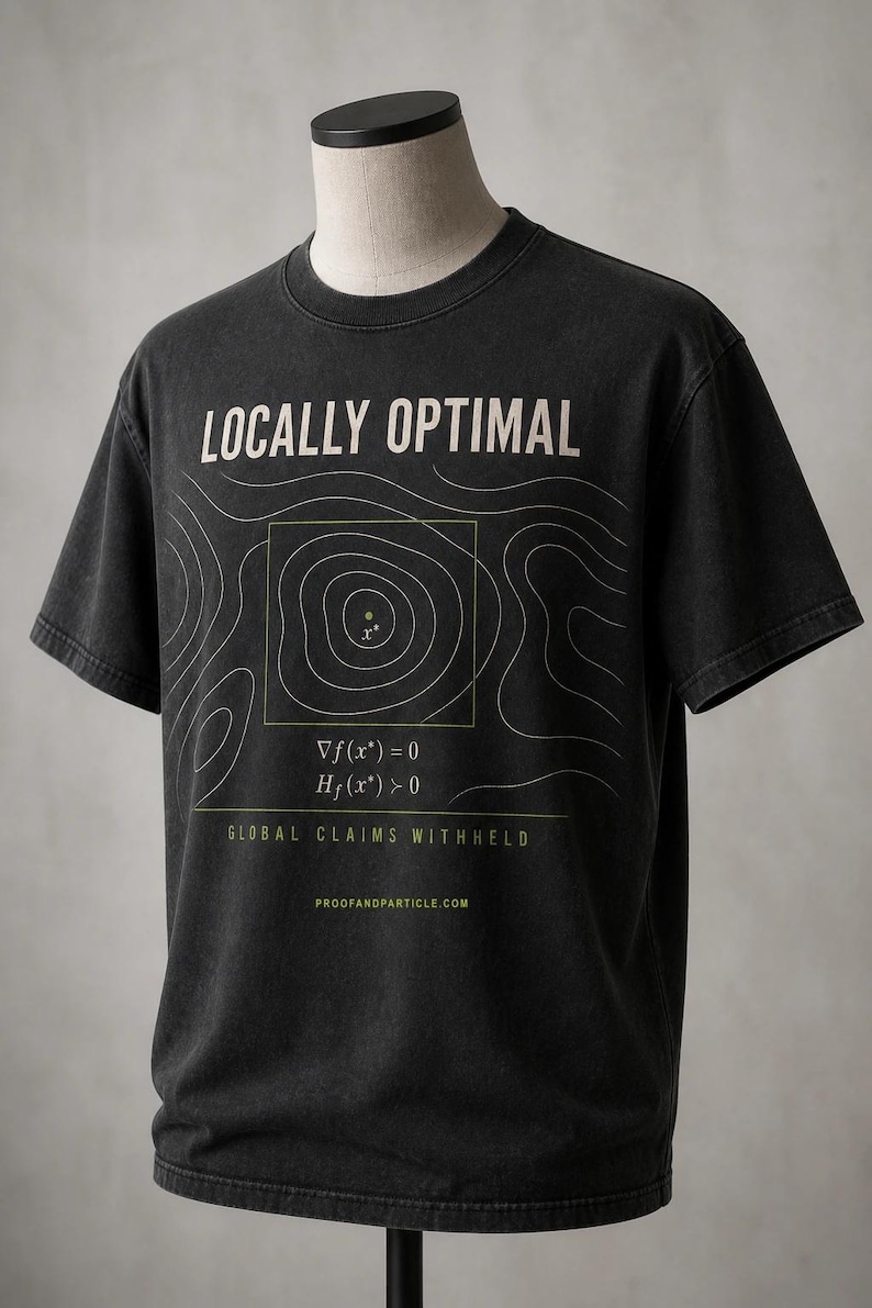以下が含まれることがあります： ベージュでLOCALLY OPTIMALと書かれたチャコールグレーのTシャツ。中央にx*と記された白い等高線図と、&nabla;f(x*)=0やHf(x*)>0などの数式が描かれています。下部にはGLOBAL CLAIMS WITHHELDおよびPROOFANDPARTICLE.COMというテキストがあります。