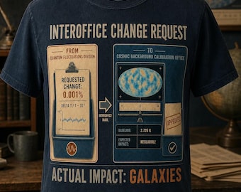 May include: A navy blue t-shirt featuring a graphic titled INTEROFFICE CHANGE REQUEST. The design shows a clipboard from the Quantum Fluctuations Division and a calibration form for the Cosmic Background Calibration Office, with the text ACTUAL IMPACT: GALAXIES at the bottom and PROOFANDPARTICLE.COM below that.