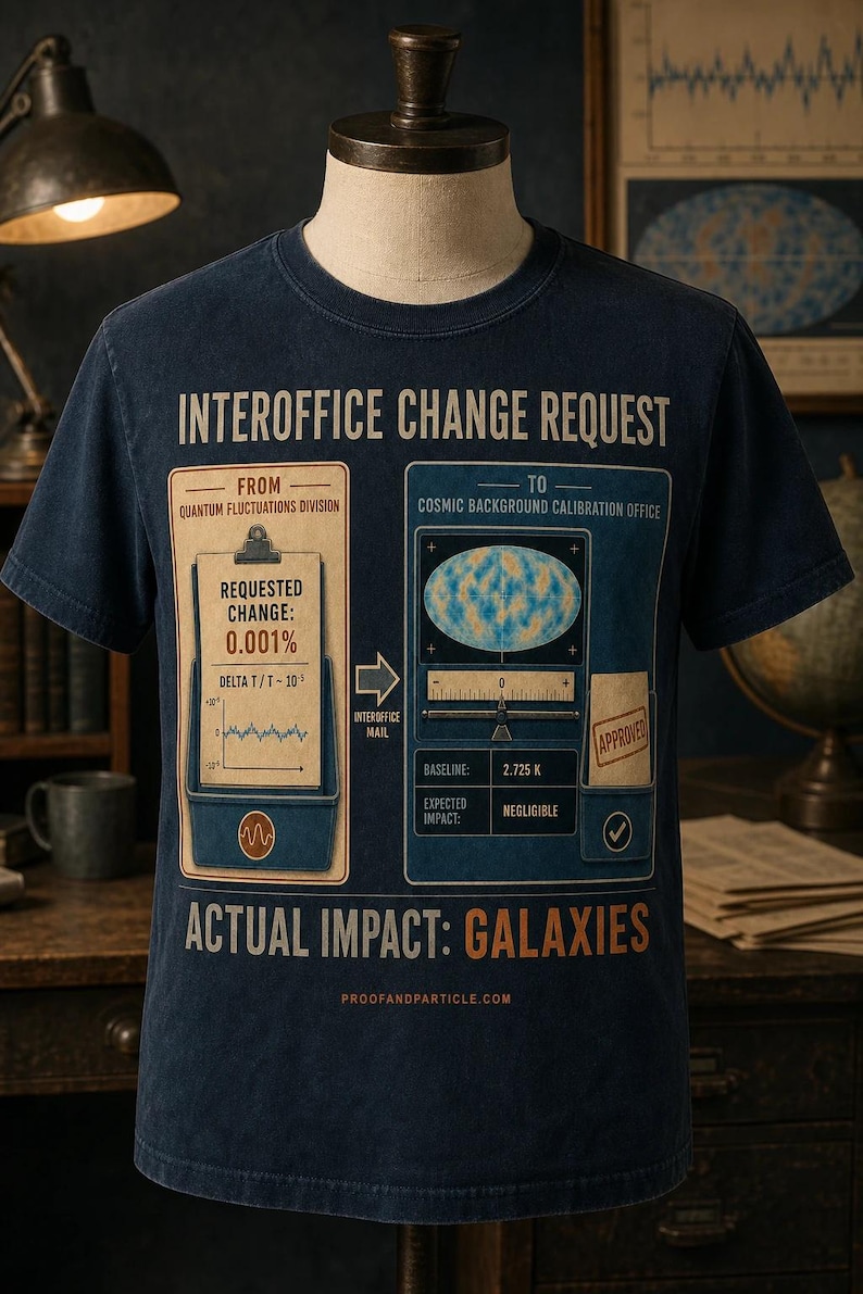 Op de afbeelding: Een marineblauw t-shirt met een afbeelding getiteld INTEROFFICE CHANGE REQUEST. Het ontwerp toont een klembord van de Quantum Fluctuations Division en een kalibratieformulier voor het Cosmic Background Calibration Office, met de tekst ACTUAL IMPACT: GALAXIES onderaan en PROOFANDPARTICLE.COM daaronder.