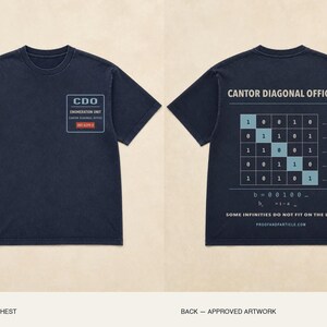 May include: A dark navy blue short-sleeve t-shirt. The front left chest features a rectangular logo with the text CDO ENUMERATION UNIT CANTOR DIAGONAL OFFICE. The back displays a grid of binary numbers with the text CANTOR DIAGONAL OFFICE.