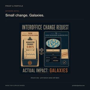 Op de afbeelding: Een grafische print getiteld Small change. Galaxies. met een interoffice wijzigingsverzoekformulier. Het ontwerp toont een klembord met een verzoek van 0,001% en een kaart van de kosmische achtergrond met een goedgekeurde stempel.