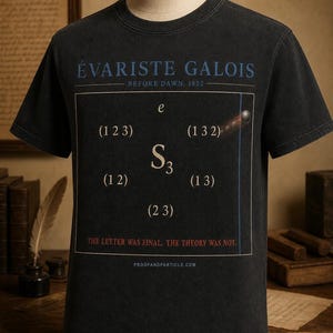 May include: A black short-sleeve t-shirt featuring the text "ÉVARISTE GALOIS BEFORE DAWN, 1832" in blue and white. A central graphic displays the mathematical notation "S3" surrounded by permutations "e", "(1 2 3)", "(1 3 2)", "(1 2)", "(1 3)", "(2 3)" and the text "THE LETTER WAS FINAL. THE THEORY WAS NOT."