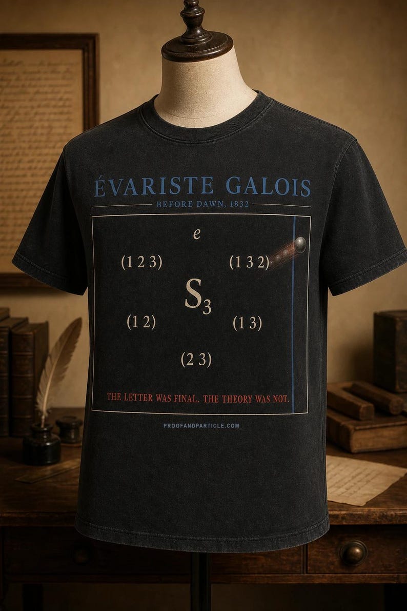 Puede incluir: Una camiseta negra de manga corta con el texto "&Eacute;VARISTE GALOIS BEFORE DAWN, 1832" en azul y blanco. Un gr&aacute;fico central muestra la notaci&oacute;n matem&aacute;tica "S3" rodeada por las permutaciones "e", "(1 2 3)", "(1 3 2)", "(1 2)", "(1 3)", "(2 3)" y el texto "THE LETTER WAS FINAL. THE THEORY WAS NOT."