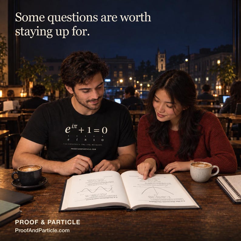 May include: A black t-shirt featuring the mathematical equation e^i&pi; + 1 = 0 in white text, worn by a person sitting at a wooden table with an open textbook, a coffee mug, and a notebook. The text "Some questions are worth staying up for." is visible.