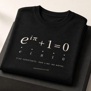 May include: A black crewneck sweatshirt featuring the mathematical equation e^i&pi; + 1 = 0 in white print. Below the equation, the individual components e, i, &pi;, 1, and 0 are labeled, followed by the text FIVE CONSTANTS. ONE LINE. NO NOTES. and PROOFANDPARTICLE.COM.