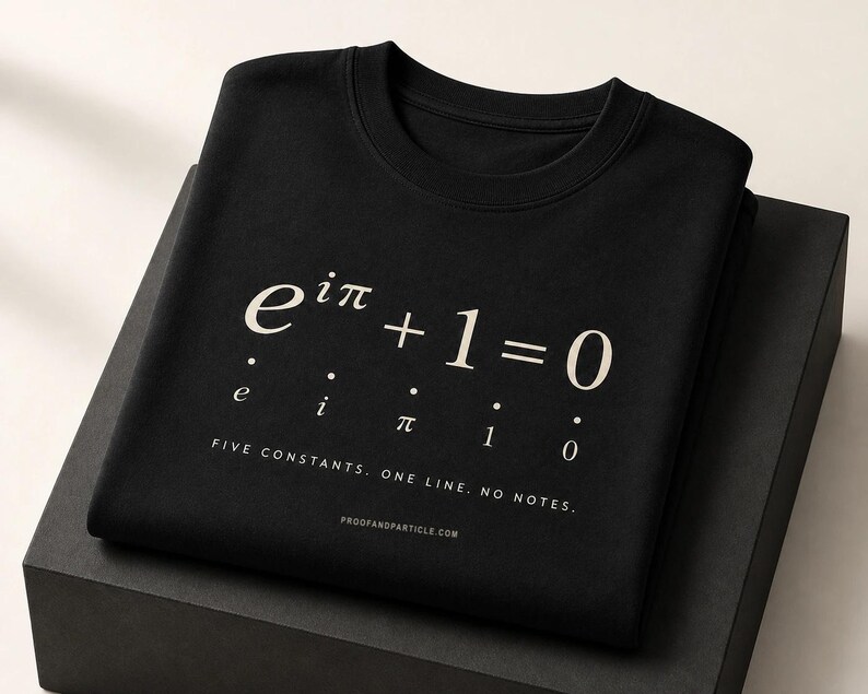May include: A black crewneck sweatshirt featuring the mathematical equation e^i&pi; + 1 = 0 in white print. Below the equation, the individual components e, i, &pi;, 1, and 0 are labeled, followed by the text FIVE CONSTANTS. ONE LINE. NO NOTES. and PROOFANDPARTICLE.COM.