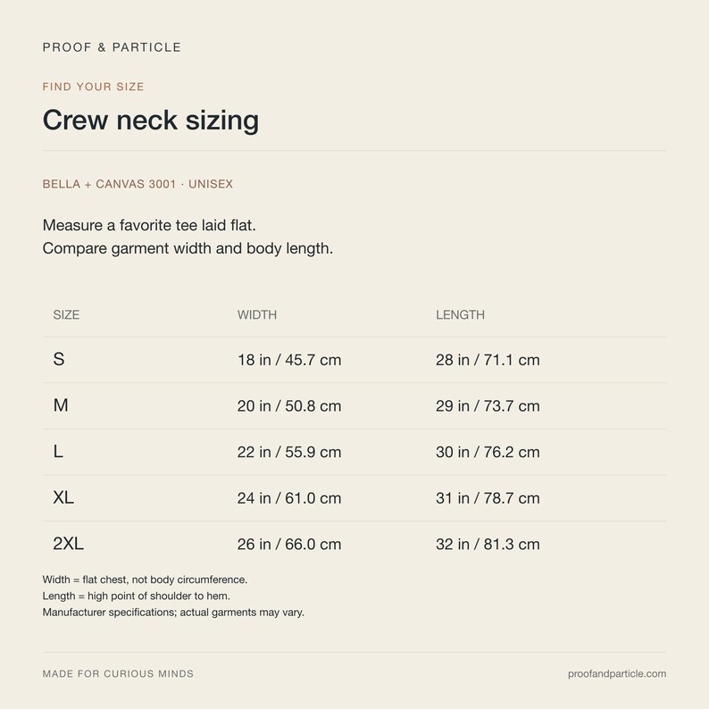 May include: A sizing chart for a Bella + Canvas 3001 unisex crew neck t-shirt on a light background. The chart lists sizes S through 2XL with corresponding width and length measurements in cm, noting width is flat chest and length is shoulder to hem.