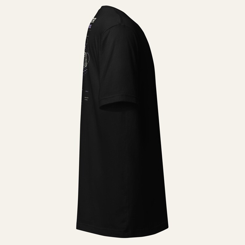 May include: A black short-sleeved t-shirt viewed from the side. The garment features a white graphic print on the upper back area, displaying technical line drawings and text that reads "THE REACTOR" and "CORE" in a clean, sans-serif font style.