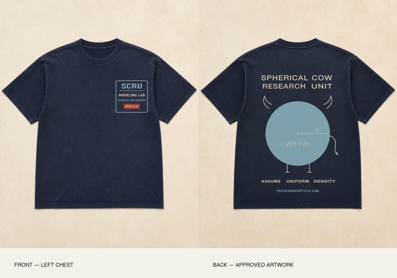 May include: A dark navy blue short-sleeve t-shirt. The front left chest features a rectangular logo with the text SCRU MODELING LAB SPHERICAL COW RESEARCH. The back displays a large light blue circle with horns, a tail, and the text SPHERICAL COW RESEARCH UNIT, p(r) = p0, ASSUME UNIFORM DENSITY, and PROGANDPARTICLE.COM.