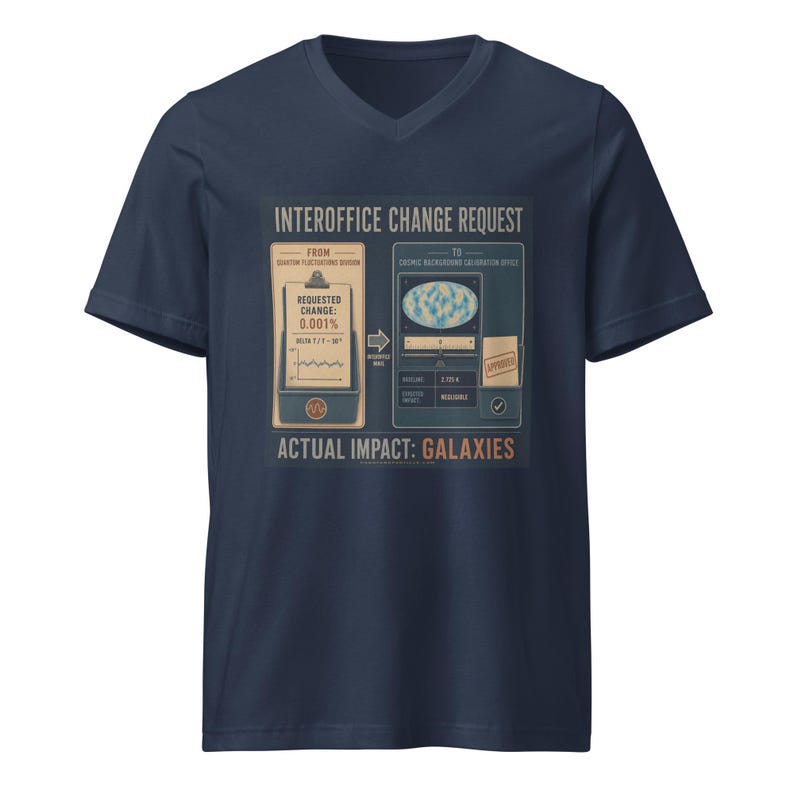 Op de afbeelding: Een marineblauw T-shirt met V-hals en een grafische print met de tekst INTEROFFICE CHANGE REQUEST. Het ontwerp toont een klembord met een wijzigingsverzoek van 0,001% en een kalibratieformulier, met daaronder de tekst ACTUAL IMPACT: GALAXIES.