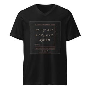 May include: A black V-neck t-shirt featuring a square graphic on the chest. The graphic displays mathematical text including A TRULY REMARKABLE PROOF, x^n + y^n &ne; z^n, n &isin; ℤ, n > 2, xyz &ne; 0, PROOF: MARGIN CAPACITY EXCEEDED, and the year 1637.