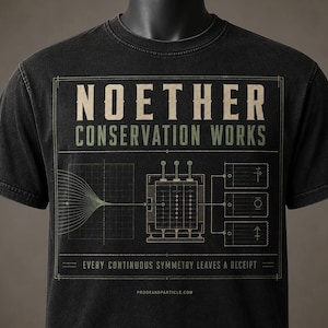 May include: A black short-sleeve t-shirt featuring a graphic print with the text NOETHER CONSERVATION WORKS and EVERY CONTINUOUS SYMMETRY LEAVES A RECEIPT. The design includes a grid, a central box with three levers, and three ticket-like icons.