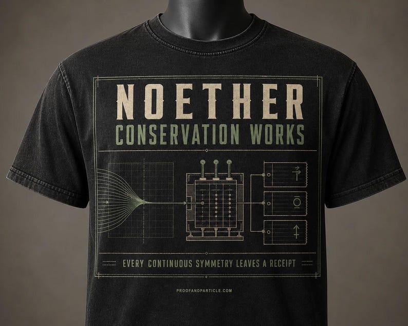 May include: A black short-sleeve t-shirt featuring a graphic print with the text NOETHER CONSERVATION WORKS and EVERY CONTINUOUS SYMMETRY LEAVES A RECEIPT. The design includes a grid, a central box with three levers, and three ticket-like icons.