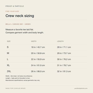May include: A sizing chart for a Bella + Canvas 3001 crew neck t-shirt. The chart lists sizes S through 2XL with corresponding width and length measurements in inches, ranging from 18 to 26 inches in width and 28 to 32 inches in length.