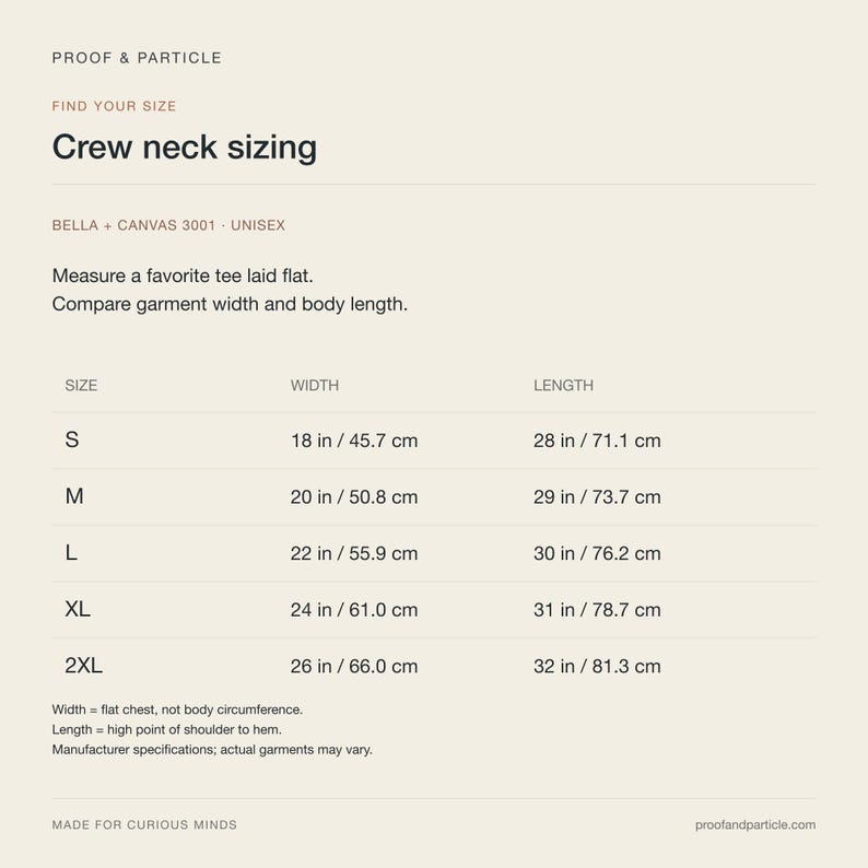 May include: A sizing chart for a Bella + Canvas 3001 crew neck t-shirt. The chart lists sizes S through 2XL with corresponding width and length measurements in inches, ranging from 18 to 26 inches in width and 28 to 32 inches in length.