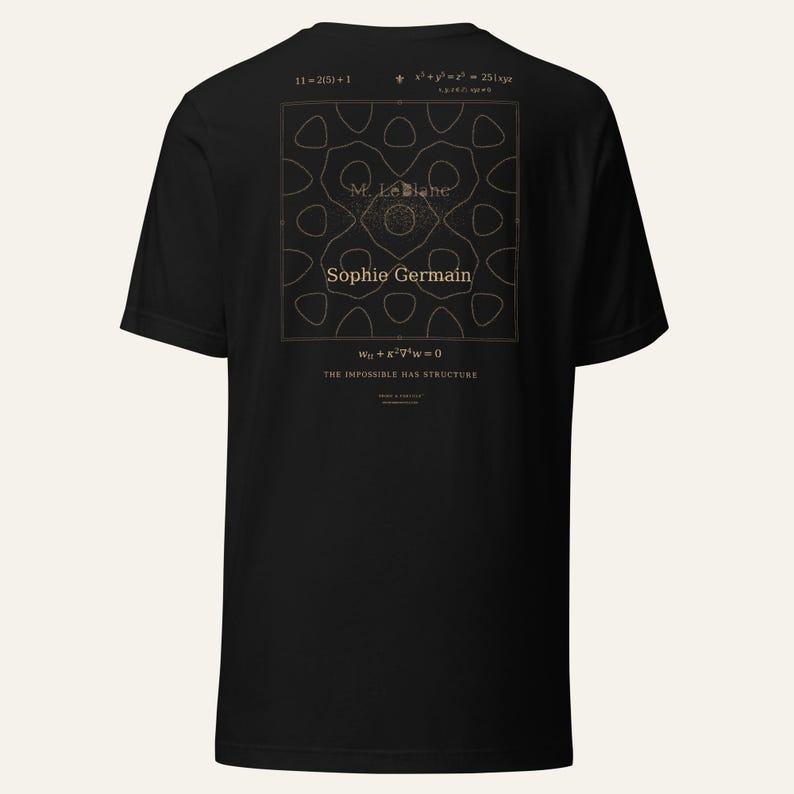 Pu&ograve; includere: Una t-shirt nera a maniche corte con una grafica dorata sul retro. Il design include equazioni matematiche, il testo M. LeBlanc, Sophie Germain e la frase THE IMPOSSIBLE HAS STRUCTURE centrata all'interno di una sottile cornice quadrata.
