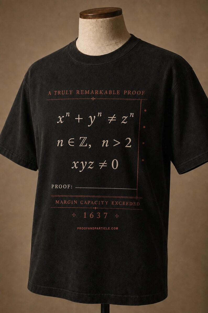 May include: A black short-sleeved t-shirt featuring a mathematical graphic in red and white. The text reads A TRULY REMARKABLE PROOF, x^n + y^n &ne; z^n, n &isin; ℤ, n > 2, xyz &ne; 0, PROOF: MARGIN CAPACITY EXCEEDED, 1637, and PROOFANDPARTICLE.COM.